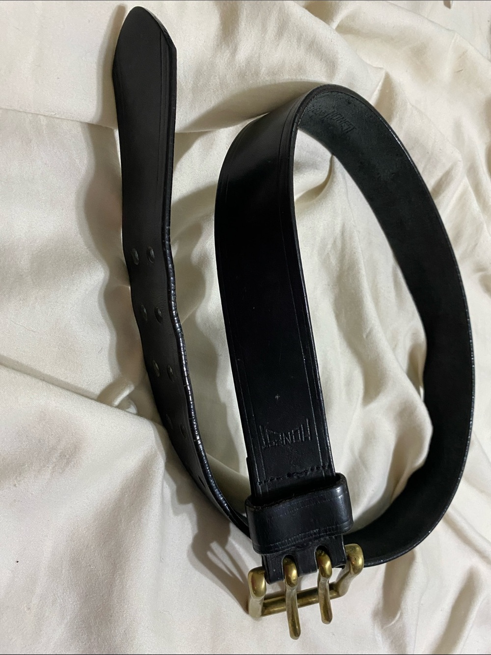 Men's Black Leather double-Prong Belt with Brass Buckles